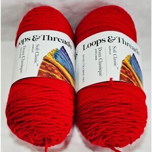 Lot Of 2 Loops & Threads Soft Classic Bright Red Yarn 100% Acrylic 354 Yrds Each